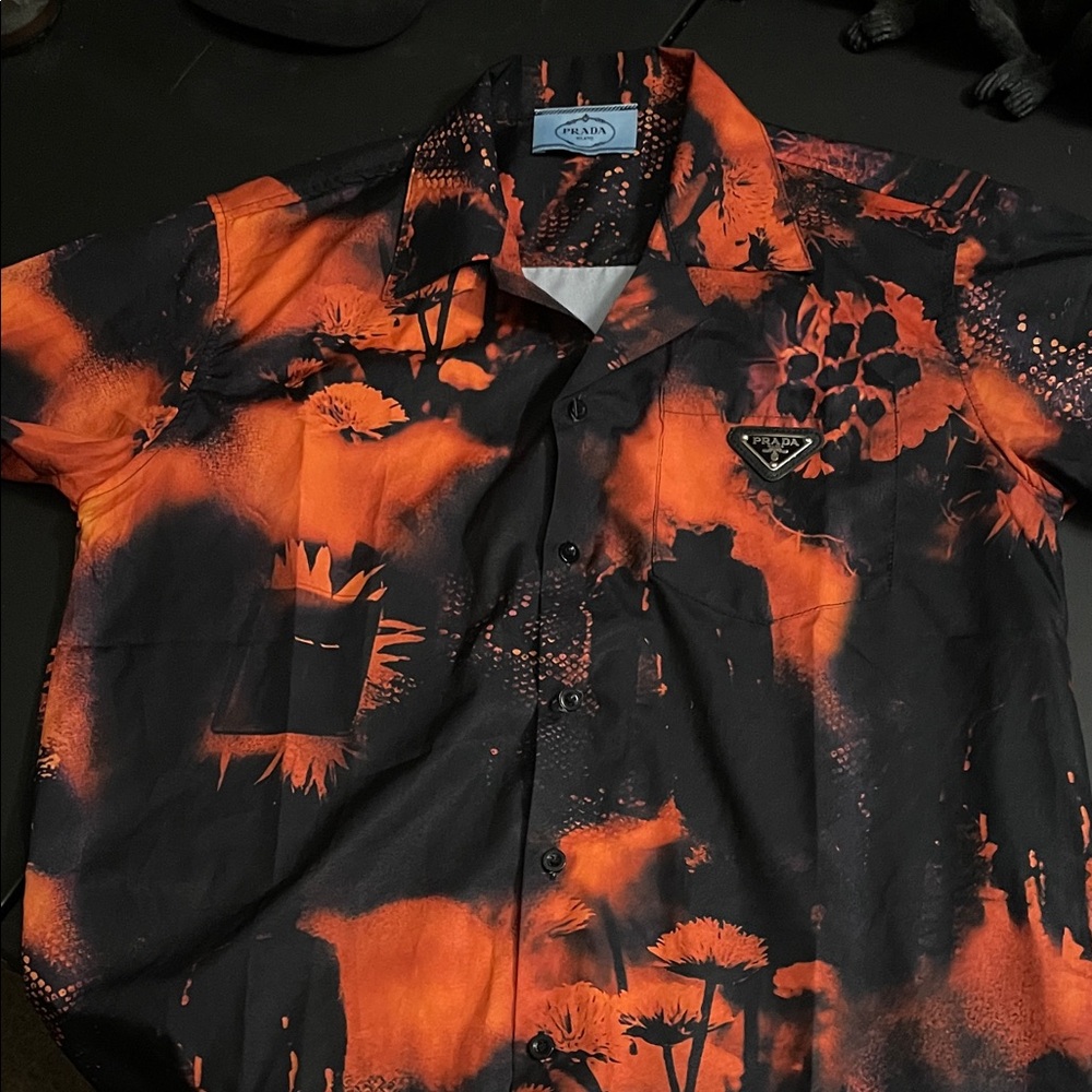Prada Men's Vibrant Black and Orange Shirt